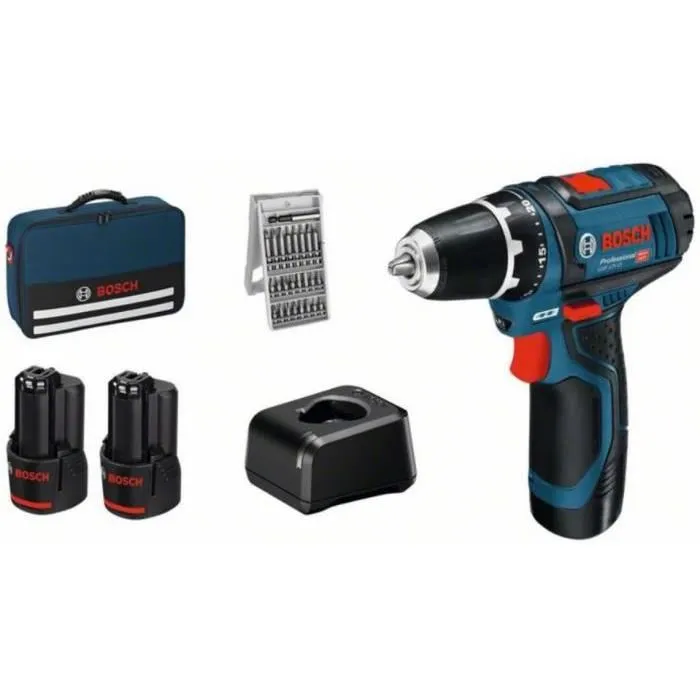 Bosch GSR 12V-15 Perceuse sans fil avec 2 batteries 2Ah et 25 accessoires