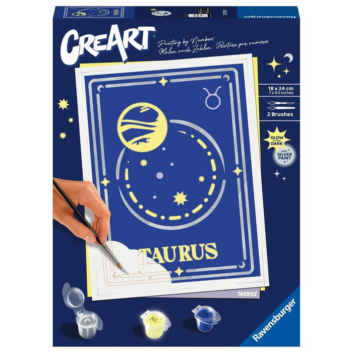 Ravensburger CreArt Serie Trend D Zodiac Taurus Kit Peinture par Numéros avec Effet Brille dans le Noir 18x24 cm Ravensburger CreArt Serie Trend D Zodiac Taurus Kit Peinture par Numéros avec Effet Brille dans le Noir 18x24 cm