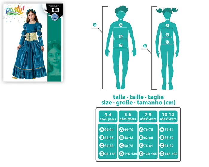 Déguisement Reine Médiévale Bleu pour Fille - Costume Carnaval Enfant 3-4 Ans avec Robe et Diadème