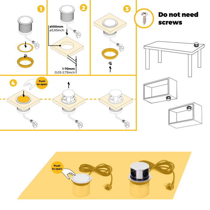 Emuca Multiconnecteur Vertikal Push 100, 3 prises Schuko, USB A et C, blanc Emuca Multiconnecteur Vertikal Push 100, 3 prises Schuko, USB A et C, blanc