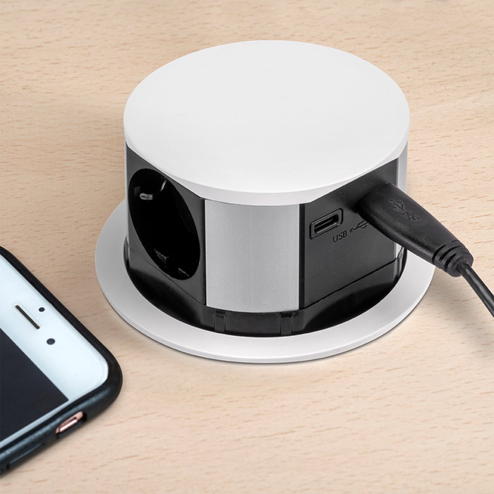 Emuca Multiconnecteur Vertikal Push 100, 3 prises Schuko, USB A et C, blanc Emuca Multiconnecteur Vertikal Push 100, 3 prises Schuko, USB A et C, blanc
