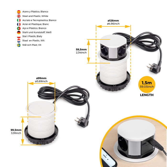 Emuca Multiconnecteur Vertikal Push 100, 3 prises Schuko, USB A et C, blanc Emuca Multiconnecteur Vertikal Push 100, 3 prises Schuko, USB A et C, blanc