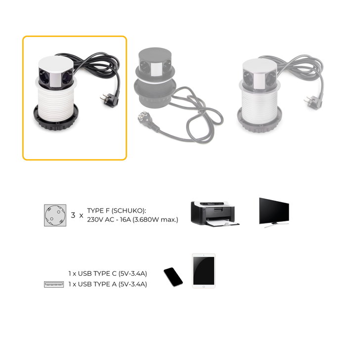 Emuca Multiconnecteur Vertikal Push 100, 3 prises Schuko, USB A et C, blanc Emuca Multiconnecteur Vertikal Push 100, 3 prises Schuko, USB A et C, blanc
