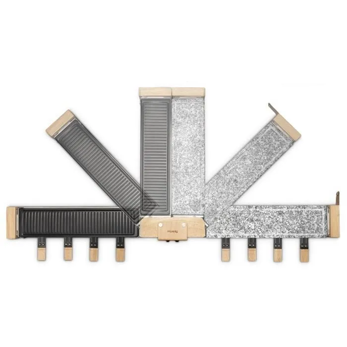 Hkoenig Appareil à raclette WOD360 - Avec pierre à cuire et grill - 1400W - 8 poêlons antiadhésifs - Design en bois - Pour jusqu'à 8 personnes