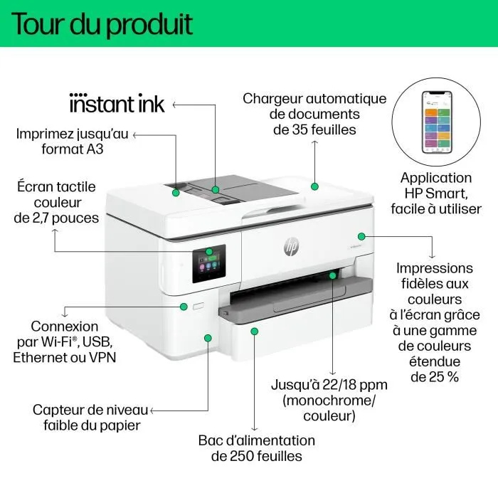 HP OfficeJet Pro 9720e - Imprimante Tout-en-un A3, impression recto-verso automatique, WiFi, 3 mois Instant Ink avec HP+