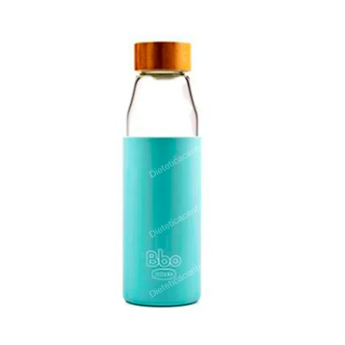 IRISANA Bouteille en verre borosilicate avec bouchon bambou et coque silicone bleu 500 ml IRISANA Bouteille en verre borosilicate avec bouchon bambou et coque silicone bleu 500 ml