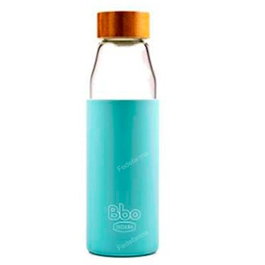 IRISANA Bouteille en borosilicate bleue avec bouchon en bambu et housse en silicone 500 ml