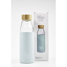 IRISANA Bouteille en borosilicate bleue avec bouchon en bambu et housse en silicone 500 ml