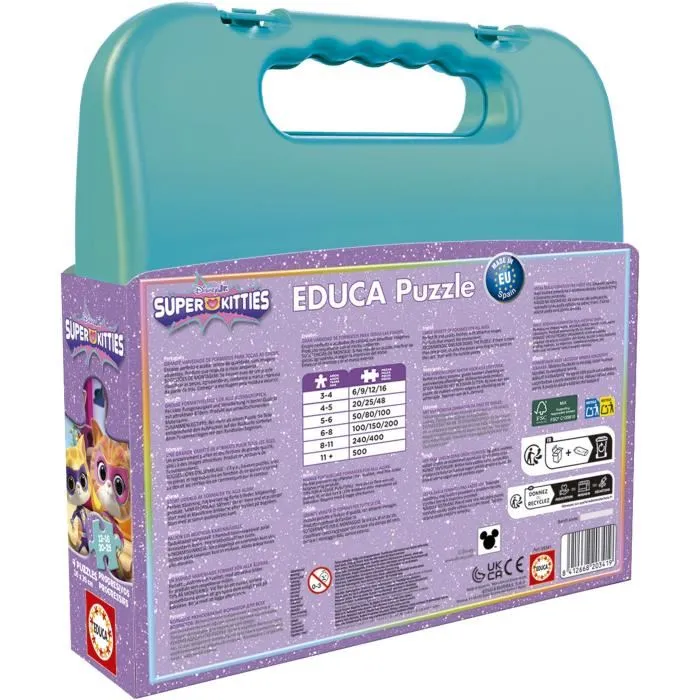 Educa - Malette de 4 puzzles progressifs SuperKitties - 12, 16, 20, 25 pièces - Chaque puzzle 16 x 16 cm - Développe la motricité fine - Parfait pour petites mains