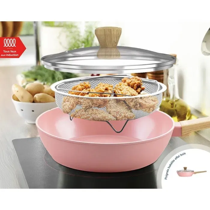Arthur Martin AM0333 Sauteuse 24 cm Revêtement Céramique, Compatible Tous Feux Dont Induction, Avec Couvercle et Panier Inox, Rose