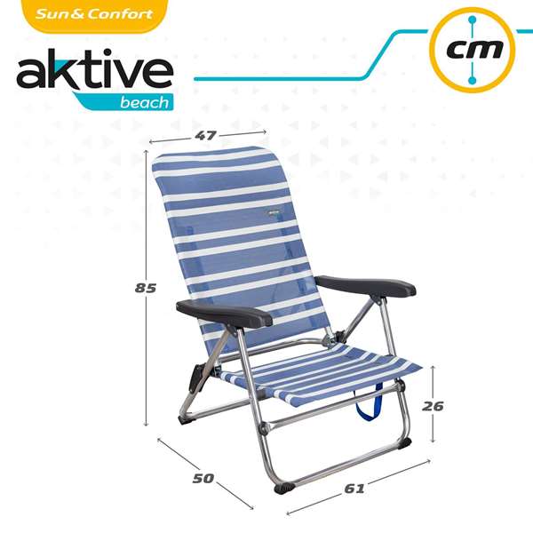 Color Baby Chaise de plage Mykonos pliable, 5 positions, Bleu marine et blanc