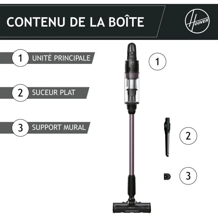Hoover HF1P10H - Aspirateur balai sans fil 40 AW avec écran LED et batterie amovible - Moteur brushless - Autonomie 45 min - Noir / Pastel violet