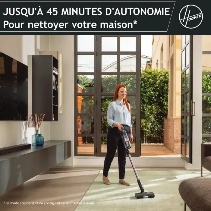 Hoover HF1P10H - Aspirateur balai sans fil 40 AW avec écran LED et batterie amovible - Moteur brushless - Autonomie 45 min - Noir / Pastel violet
