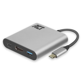 ACT Connectivity Adaptateur USB-C vers HDMI 4K + USB-C Power Delivery 60W + USB-A, Compact Aluminium, 0,12m