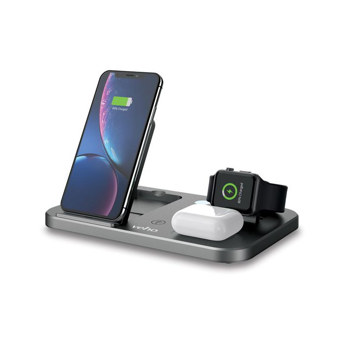 Veho DS-7 Station de Charge Sans Fil Qi Universelle Compacte et Pliable - Charge 3 Appareils Simultaneously (Apple Watch, AirPods, iPhone, Samsung) avec Ports USB-A et USB-C