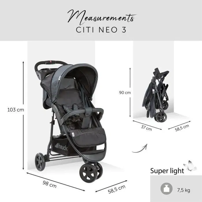 Hauck Citi Neo II - Poussette compacte 3 roues pour naissance à 22 kg, pliage une main, dossier inclinable, coloris Caviar/Stone