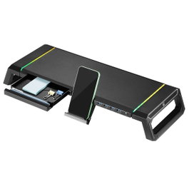 Ewent EW1268 Support pour moniteur pliable avec tiroir de rangement et support pour smartphone, RGB avec 4 ports USB 3.0