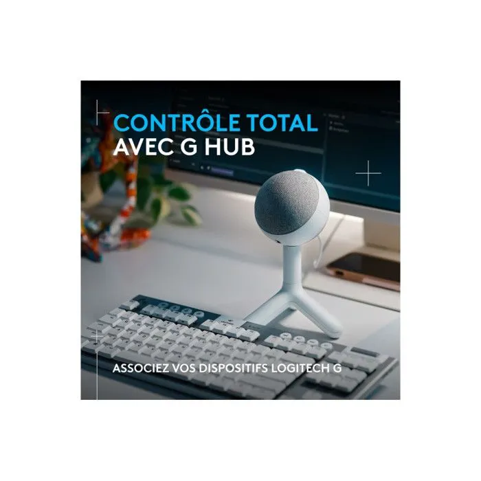 Logitech G Microphone BLUE Yeti Orb pour Gaming, Capsule Condensateur Cardioïde, Éclairage RVB LIGHTSYNC, USB Plug-and-play, Compatible PC et Mac - Blanc