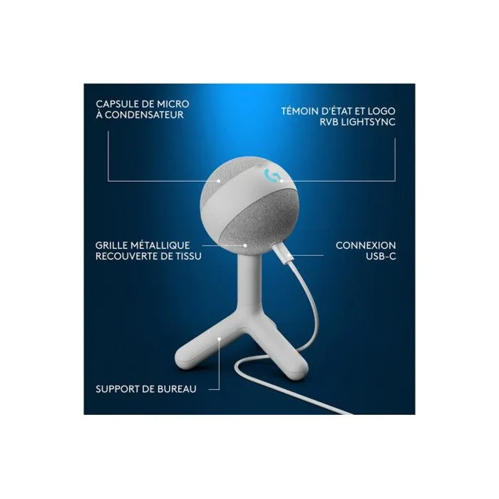 Logitech G Microphone BLUE Yeti Orb pour Gaming, Capsule Condensateur Cardioïde, Éclairage RVB LIGHTSYNC, USB Plug-and-play, Compatible PC et Mac - Blanc