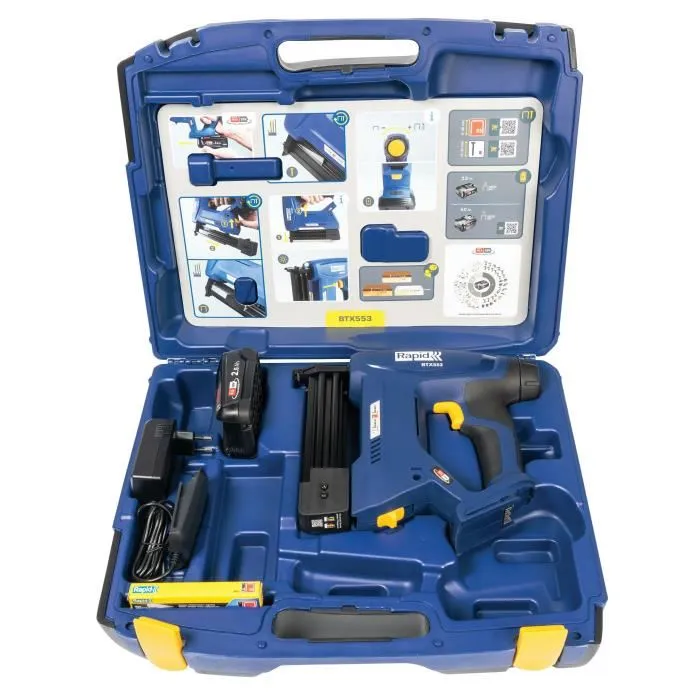 Rapid BTX553 - Agrafeuse-Cloueuse Électrique sans Fil 18V - Batterie 2.5Ah & Chargeur Inclus - Éclairage LED - Coffret avec 300 Agrafes - Compatible Power for All