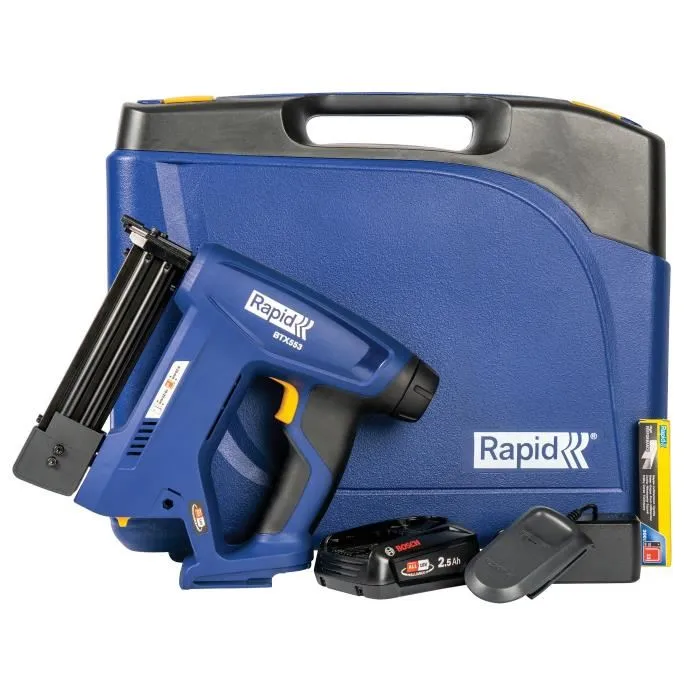 Rapid BTX553 - Agrafeuse-Cloueuse Électrique sans Fil 18V - Batterie 2.5Ah & Chargeur Inclus - Éclairage LED - Coffret avec 300 Agrafes - Compatible Power for All