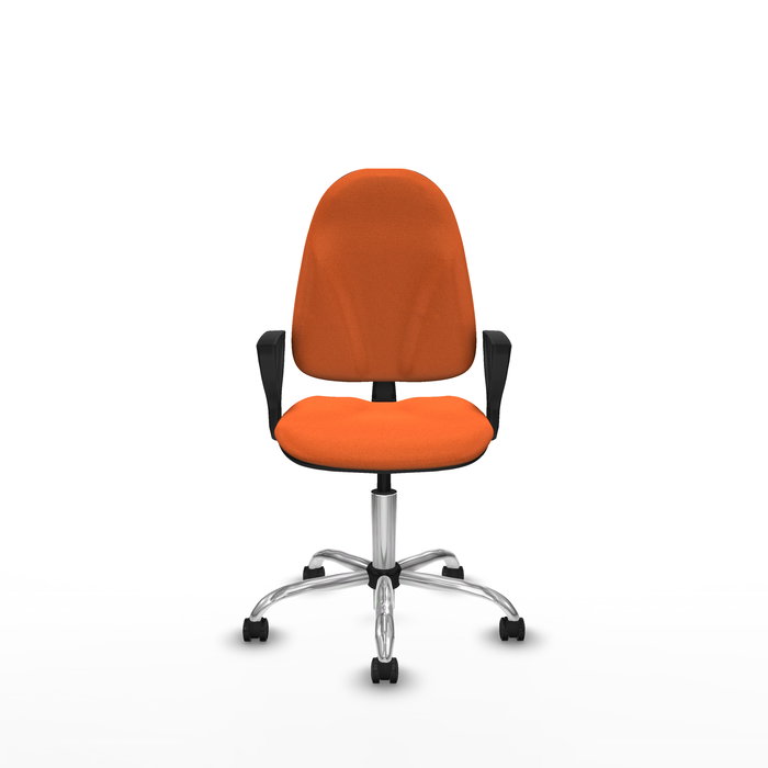 Chaise de bureau Algarra avec mécanisme de contact permanent de base, recouverte de tissu orange. Équipée d'une base chromée, d'accoudoirs fixes et de roulettes autobloquantes