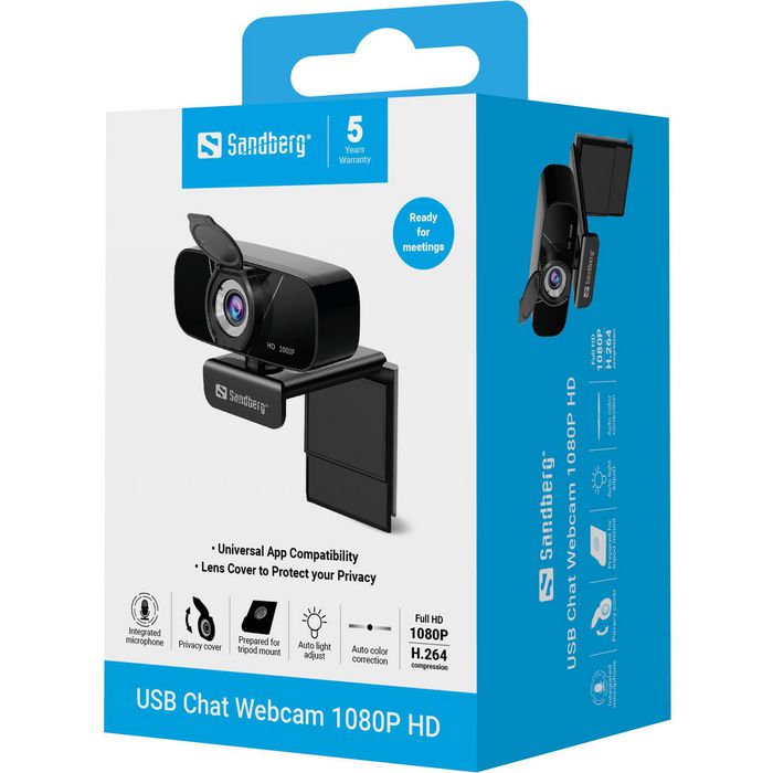 Sandberg Webcam USB avec micro, 1080P HD, installation sans pilote et cache d'objectif pour la confidentialité Sandberg Webcam USB avec micro, 1080P HD, installation sans pilote et cache d'objectif pour la confidentialité