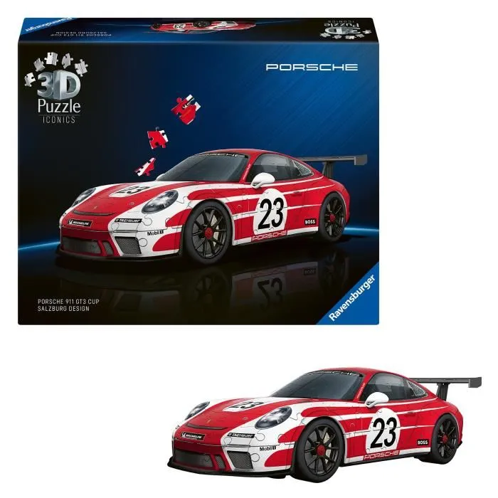 Ravensburger Puzzle 3D Iconics - Maquette à assembler Porsche 911 GT3 Cup Salzburg, 108 pièces en plastique