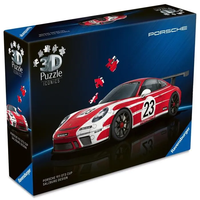 Ravensburger Puzzle 3D Iconics - Maquette à assembler Porsche 911 GT3 Cup Salzburg, 108 pièces en plastique