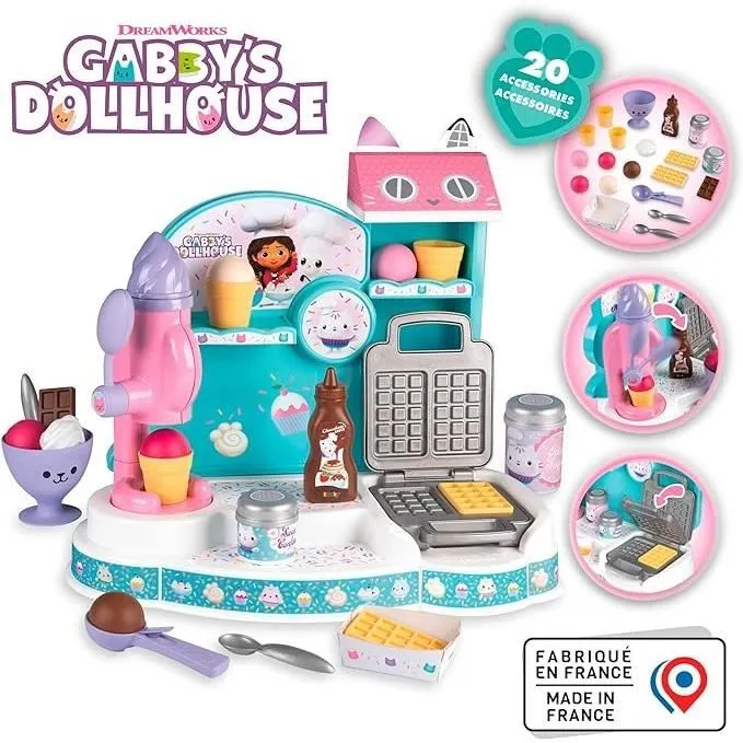 Smoby - Gabby et la Maison Magique - Marchande de glaces avec 20 accessoires - Machine à glaces et gaufrier - Jeu d'imitation pour enfant dès 3 ans - Fabriqué en France