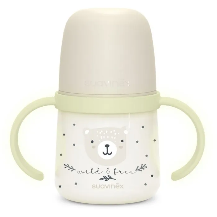 Suavinex Biberon avec Anses Night&Day Wild&Free 150 ml Silicone - Pour Bébé de 6 Mois et Plus - Gris