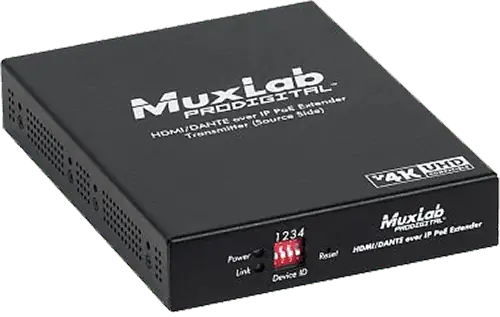 MUXLAB Transmetteur HDMI 4K Dante Over IP avec PoE, JPG 2000, Latence 33 ms, 100 m