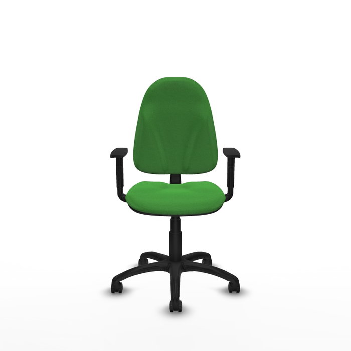 Chaise de bureau Algarra avec mécanisme de contact permanent de base, recouverte de tissu vert. Équipée d'une base en polyamide noir, d'accoudoirs 1D et de roulettes autobloquantes
