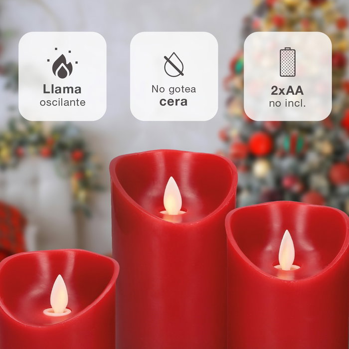 Bambasy Pack de 3 bougies décoratives LED en cire Rouge (100-120-150mm) Bambasy Pack de 3 bougies décoratives LED en cire Rouge (100-120-150mm)