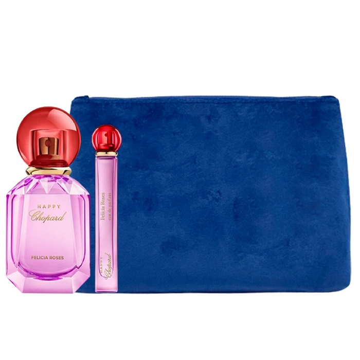 Chopard - Coffret Parfum Happy Felicia Roses Eau de Parfum pour Femme 100 ml + 10 ml + Pouch Sac en Cuir Synthétique et Textile Bleu - Ensemble Luxe Chopard - Coffret Parfum Happy Felicia Roses Eau de Parfum pour Femme 100 ml + 10 ml + Pouch Sac en Cuir Synthétique et Textile Bleu - Ensemble Luxe