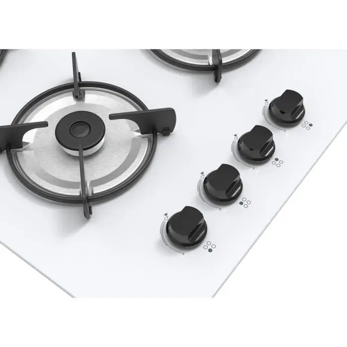 Continental Edison - Table de cuisson gaz 4 foyers, verre blanc, allumage électronique, commandes avant, dimensions compactes pour petites cuisines Continental Edison - Table de cuisson gaz 4 foyers, verre blanc, allumage électronique, commandes avant, dimensions compactes pour petites cuisines
