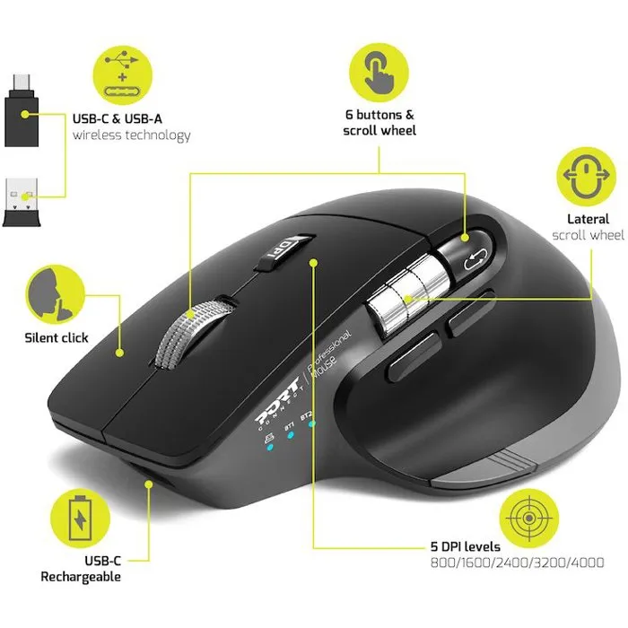 Port Designs Souris sans fil ULTIMATE 910203, Bluetooth et 2.4 GHz, rechargeable, ergonomique, gris - Pour productivité professionnelle