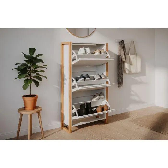 Denver - Meuble à chaussures avec 3 abattants - Blanc et chêne - Capacité 12 paires - Dimensions L 70 x P 25 x H 125 cm - Rangement d'entrée