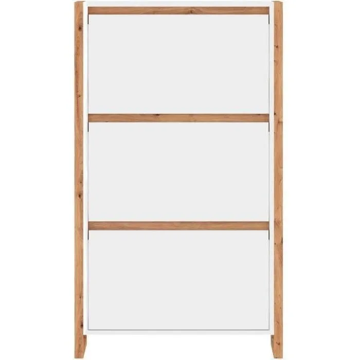 Denver - Meuble à chaussures avec 3 abattants - Blanc et chêne - Capacité 12 paires - Dimensions L 70 x P 25 x H 125 cm - Rangement d'entrée