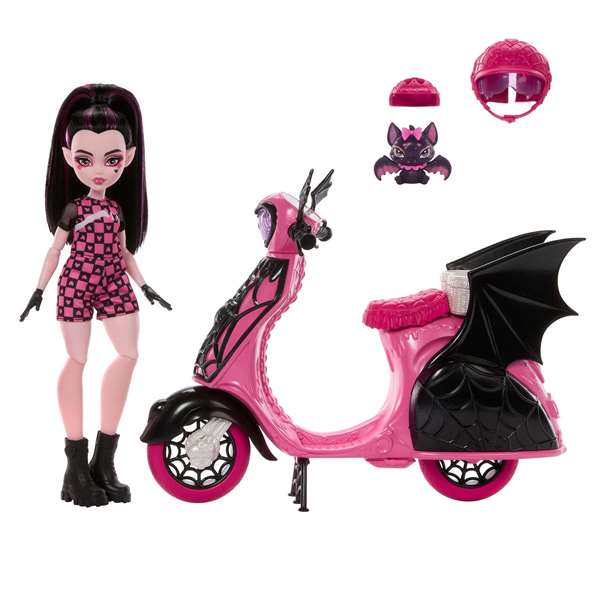 Mattel - Poupée Monster High Draculaura avec Scooter - Dimensions 21.3x27.9x9.74 cm - Jouet pour Enfants dès 4 Ans