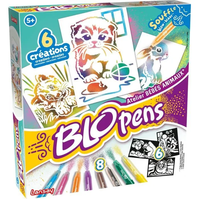 Lansay Blopens Atelier Bébé Animaux - Set de feutres aérographe avec pochoirs réutilisables pour enfants dès 5 ans