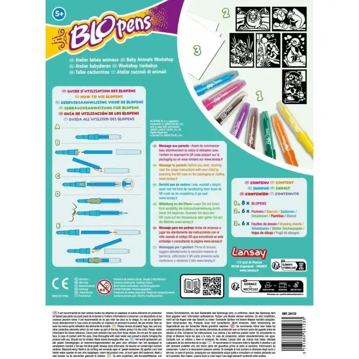 Lansay Blopens Atelier Bébé Animaux - Set de feutres aérographe avec pochoirs réutilisables pour enfants dès 5 ans