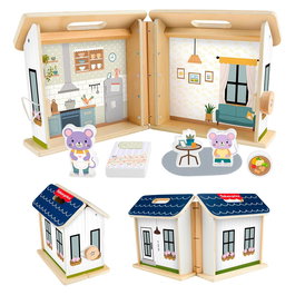 Fisher-Price Maison de poupée en bois portable JGR81 avec 6 accessoires (souris, meubles, tapis) - Jouet éducatif pour enfants dès 3 ans