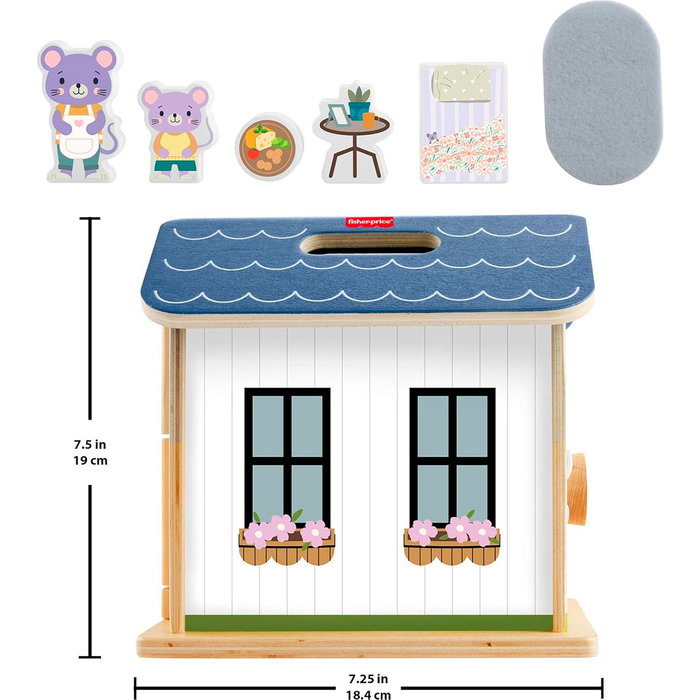 Fisher-Price Maison de poupée en bois portable JGR81 avec 6 accessoires (souris, meubles, tapis) - Jouet éducatif pour enfants dès 3 ans