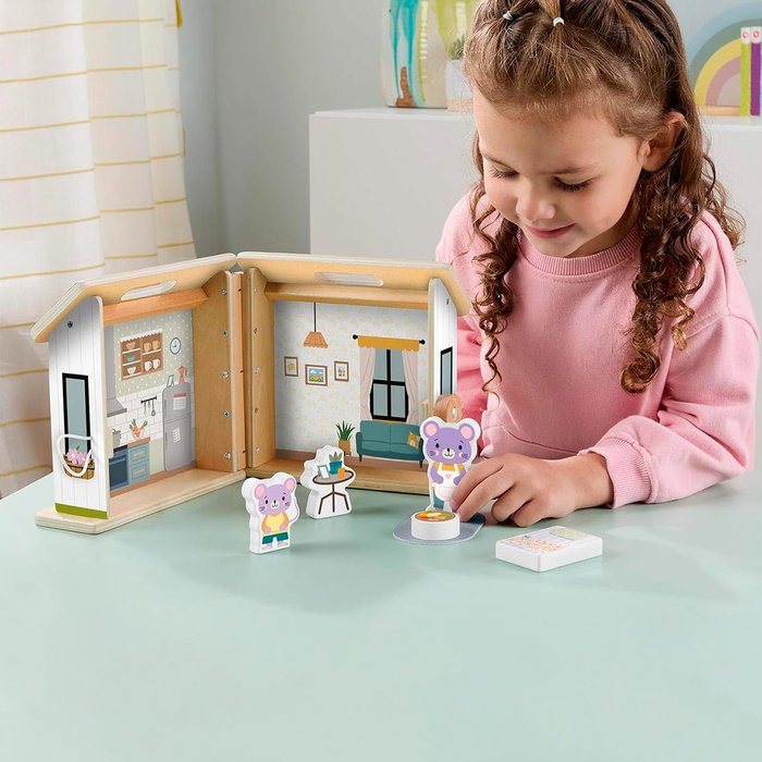 Fisher-Price Maison de poupée en bois portable JGR81 avec 6 accessoires (souris, meubles, tapis) - Jouet éducatif pour enfants dès 3 ans
