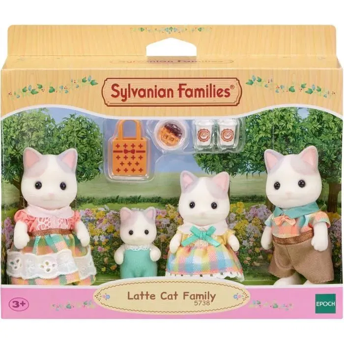 Sylvanian Families 5738 - La Famille Chat Latté - Figurines Articulées avec 4 Personnages et Accessoires (Maman, Papa, Fille, Bébé)