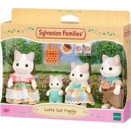 Sylvanian Families 5738 - La Famille Chat Latté - Figurines Articulées avec 4 Personnages et Accessoires (Maman, Papa, Fille, Bébé)