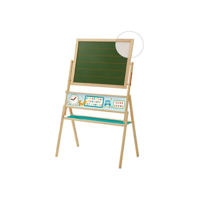 Roba Tableau Rotatif Double Face pour Enfants 'ABC Hibou' - Vert/Naturel - Face Craie et Magnétique, avec Horloge et Rangement - 68.5 x 42.5 x 110.5 cm