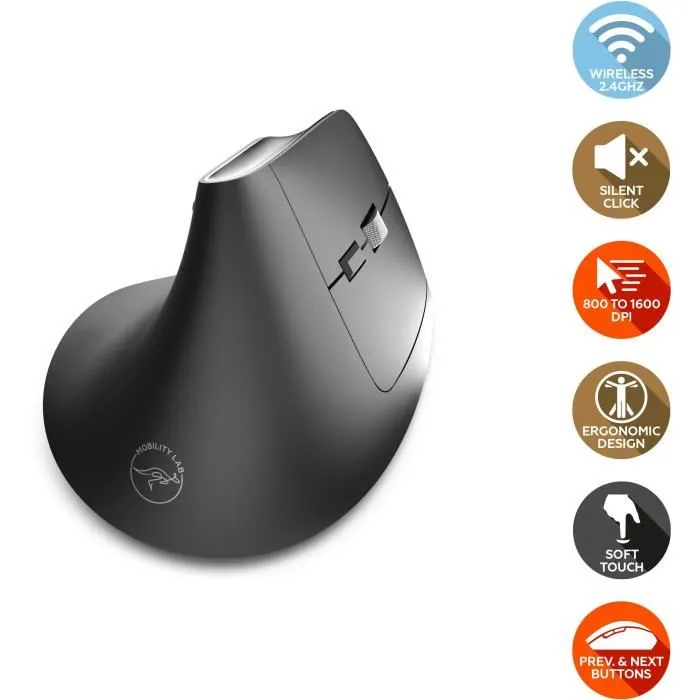 Mobility Lab ML313139 Souris ergonomique sans fil verticale pour droitier, 2.4GHz, 10m, 800-1600 DPI, Plug & Play