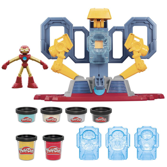 HASBRO Play-Doh Marvel Iron Man - Laboratoire d'Armures avec Figure, Moulages, Plastilina et Effets Lumineux - Jeu Créatif Enfant +4 Ans